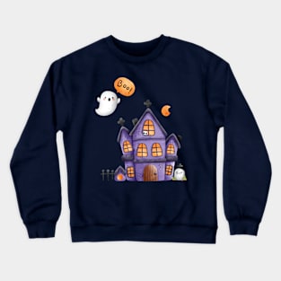 Spooky Halloween house and cute ghost Crewneck Sweatshirt